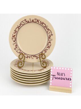 MCM  Mayer China CURTIS BROWN Tan Scrolls Floral Luncheon 9" Plates Set 7 USA